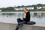 digital nomad, phoenix lake, nature, dortmund, work, remote work, anywhere, free, freedom, at sea, to sit, laptop, man, hear, water, lake, architecture, ruhr area